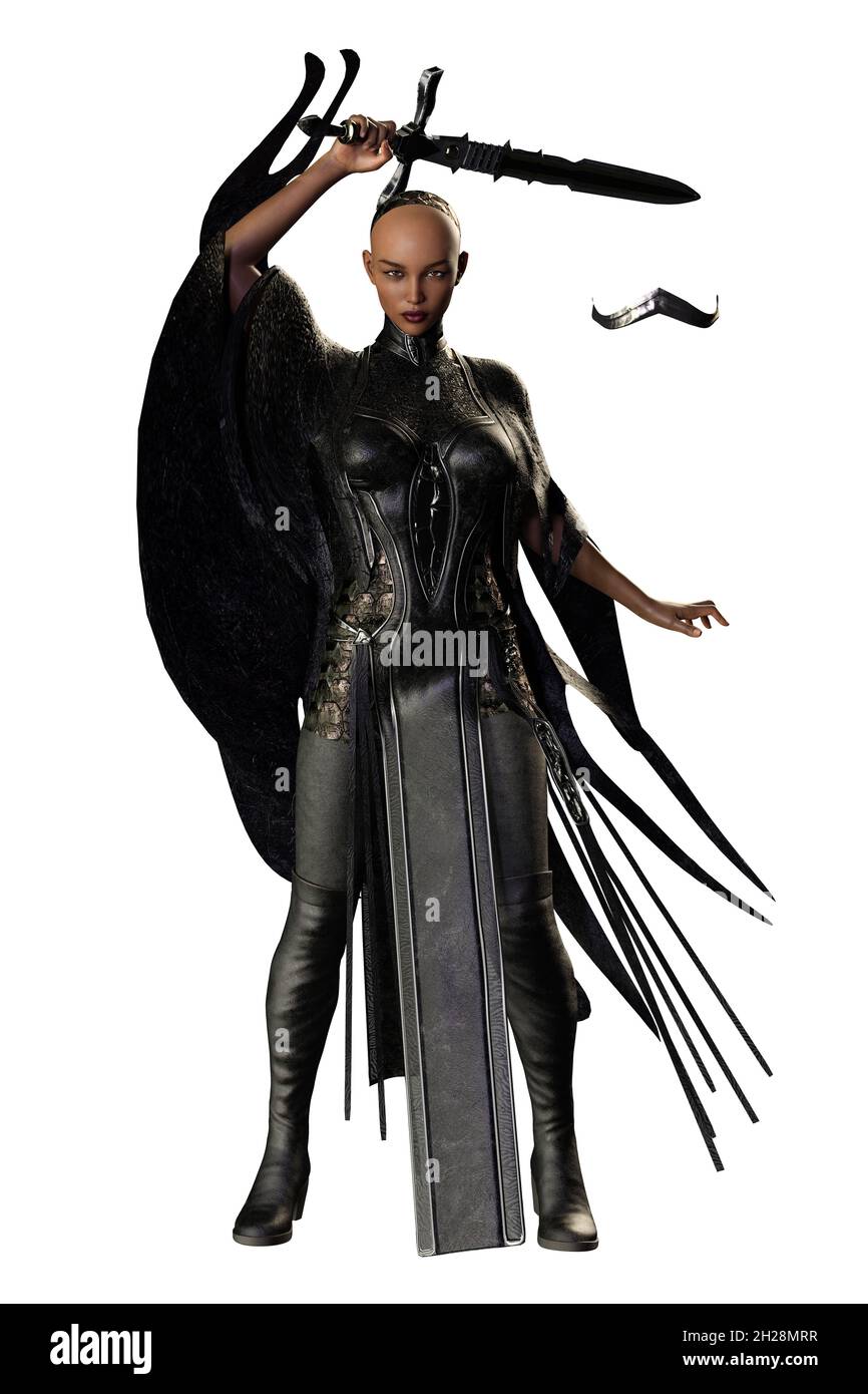 POC Medieval Fantasy Warrior Woman mit Schwert auf isoliertem weißem Hintergrund, 3D-Illustration, 3D-Rendering Stockfoto