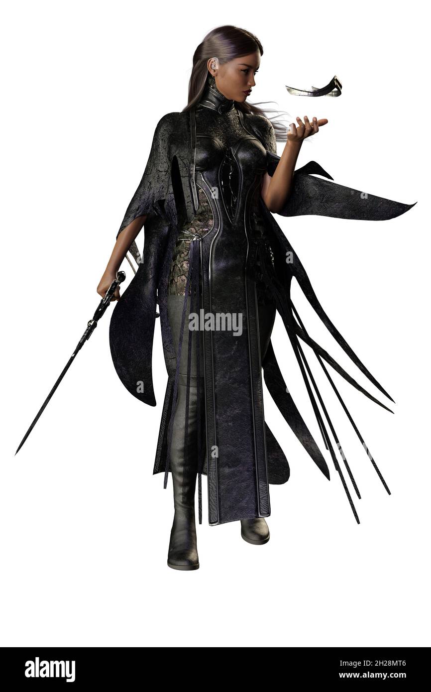 POC Medieval Fantasy Warrior Woman mit Schwert auf isoliertem weißem Hintergrund, 3D-Illustration, 3D-Rendering Stockfoto