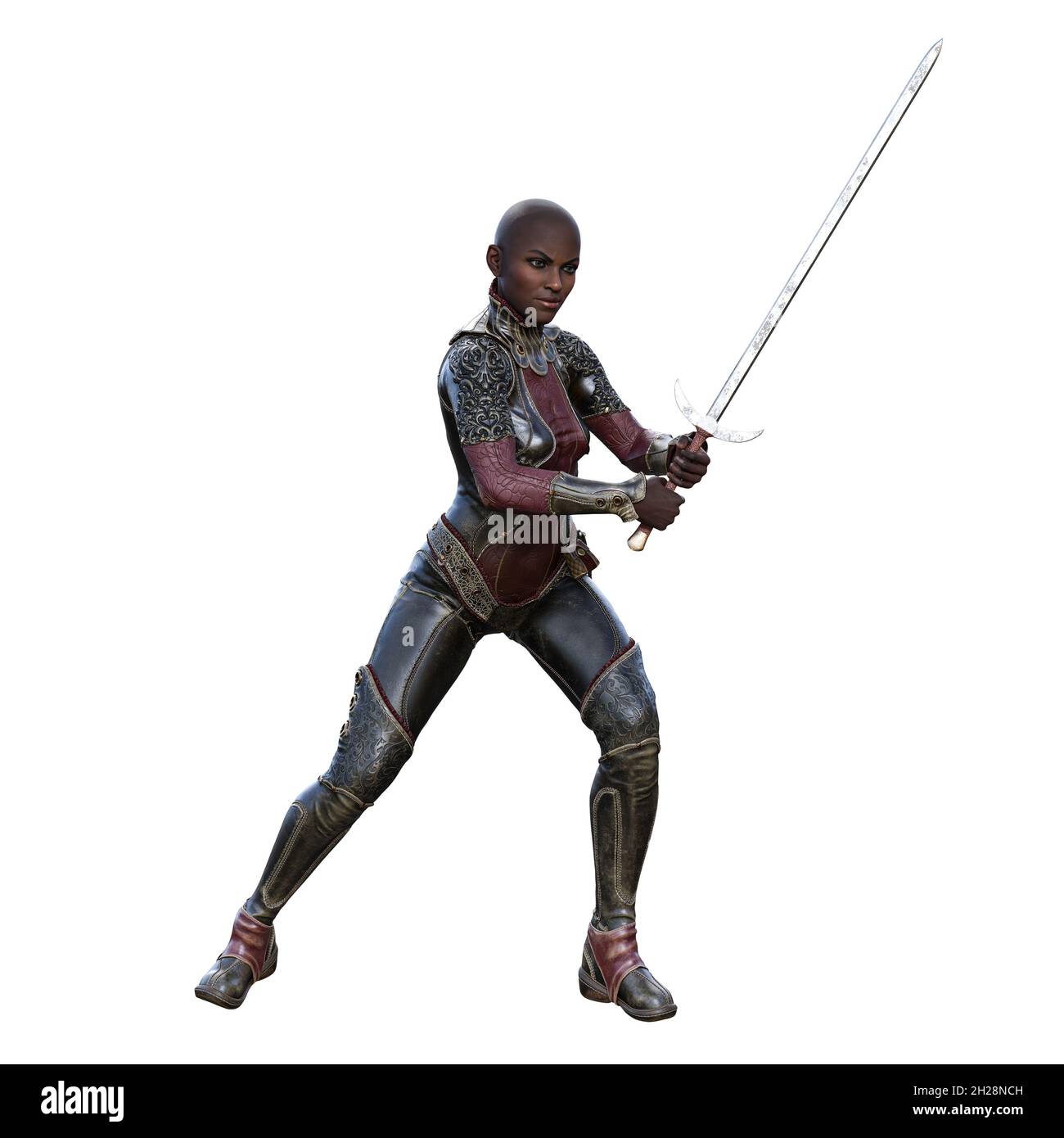 POC Medieval Fantasy Warrior Woman mit Schwert auf isoliertem weißem Hintergrund, 3D-Illustration, 3D-Rendering Stockfoto