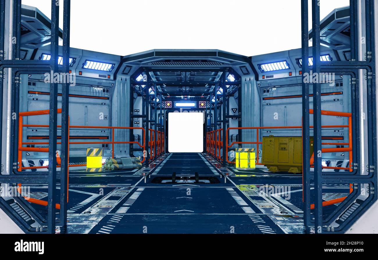 Raumschiff Korridor Innenraum, 3D-Illustration, 3D-Rendering Stockfoto