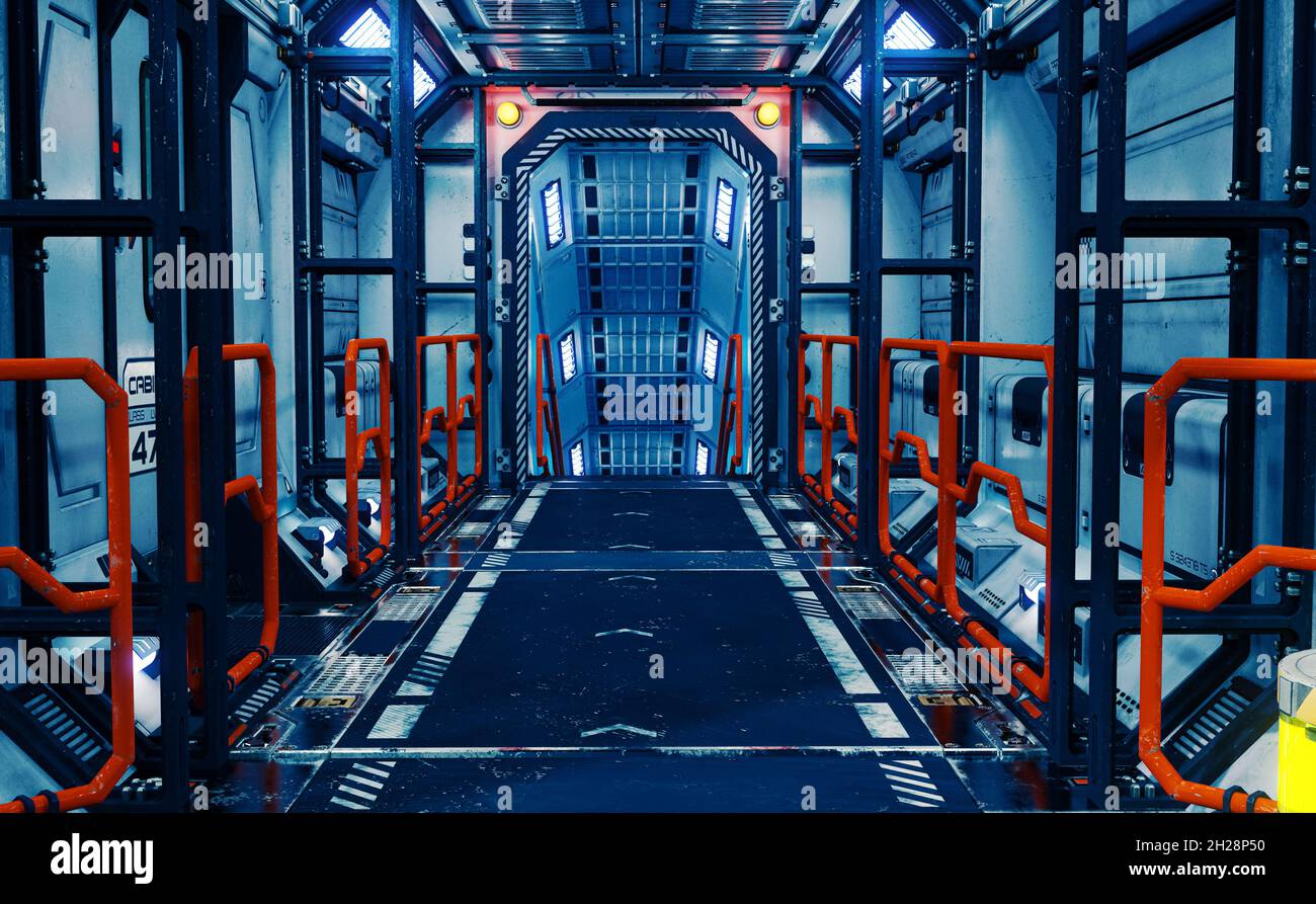 Raumschiff Korridor Innenraum, 3D-Illustration, 3D-Rendering Stockfoto