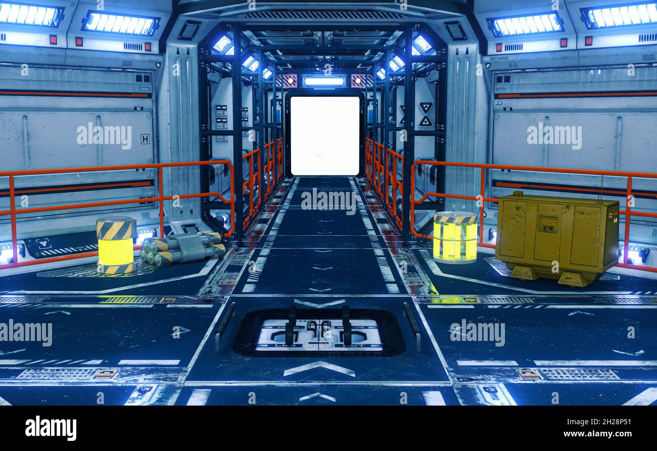 Raumschiff Korridor Innenraum, 3D-Illustration, 3D-Rendering Stockfoto