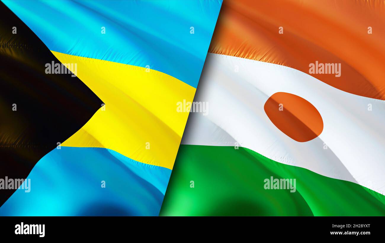Flagge der Bahamas und Niger. 3D-Design mit winkender Flagge. Bahamas Niger Flagge, Bild, Tapete. Bild von Bahamas und Niger, 3D-Rendering. Bahamas Niger Beziehungen a Stockfoto