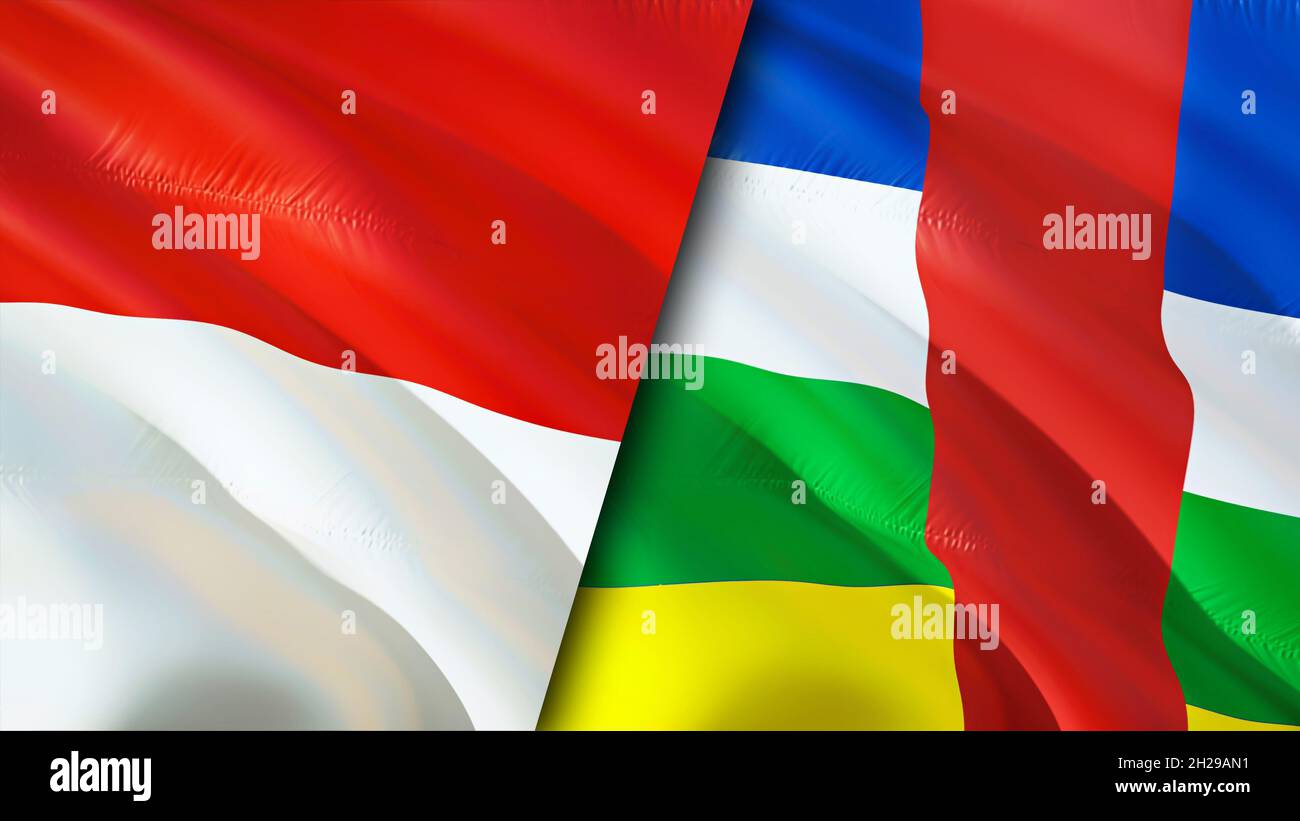 Flagge Indonesiens und der Zentralafrikanischen Republik. 3D-Design mit winkender Flagge. Indonesien Zentralafrikanische Republik Flagge, Bild, Tapete. Indonesien vs. Central Stockfoto