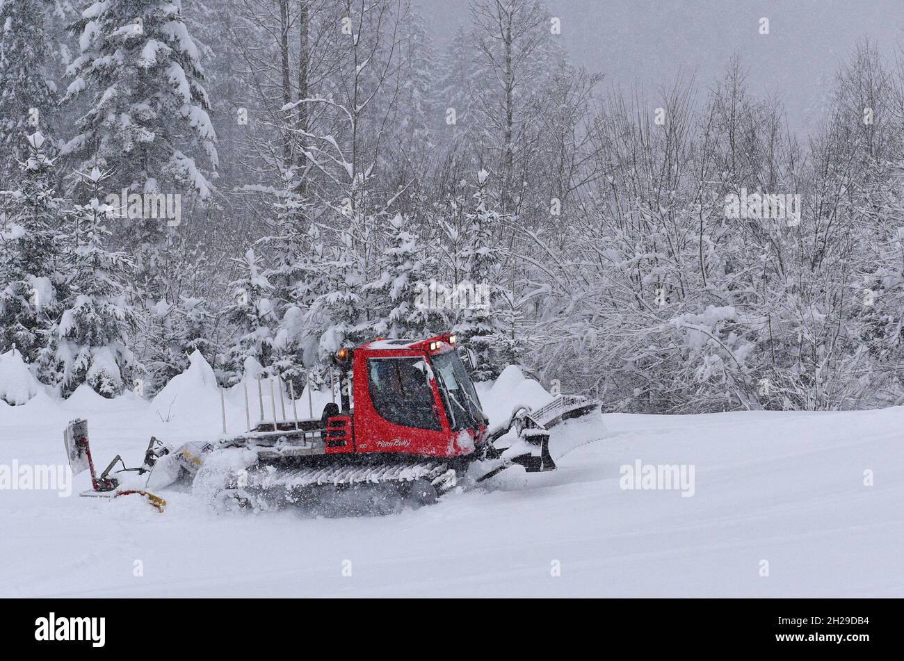 Pistengerät im Salzkammergut (Salzkammergut, Bezirk Gmunden, Oberösterreich, Österreich) - Schneegroomer im Salzkammergut (Salzkammergut, Gmunden D Stockfoto