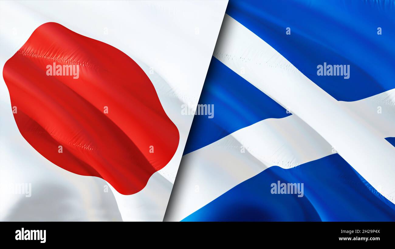 Japan und Schottland Flaggen. 3D-Design mit winkender Flagge. Japan Schottland Flagge, Bild, Tapete. Bild Japan vs. Schottland, 3D-Rendering. Japan Schottland relatio Stockfoto