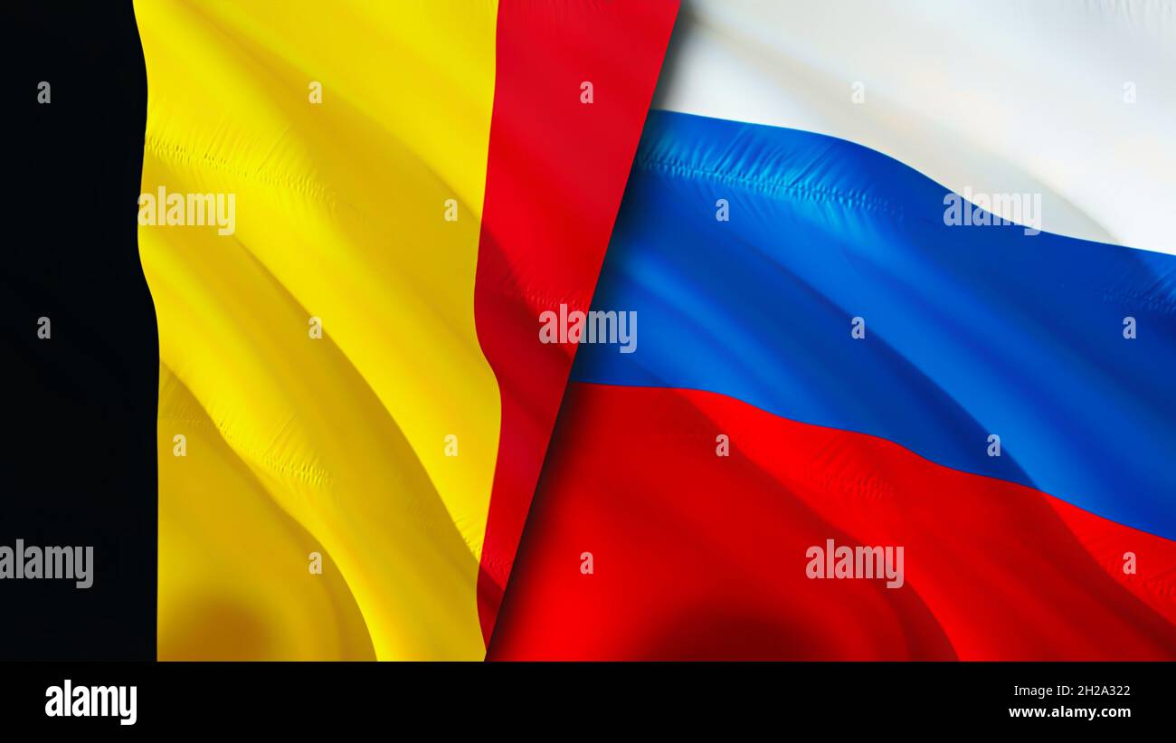 Belgien und Russland Flaggen. 3D-Design mit winkender Flagge. Belgien Russland Flagge, Bild, Tapete. Bild Belgien vs. Russland, 3D-Rendering. Belgien Russland relatio Stockfoto