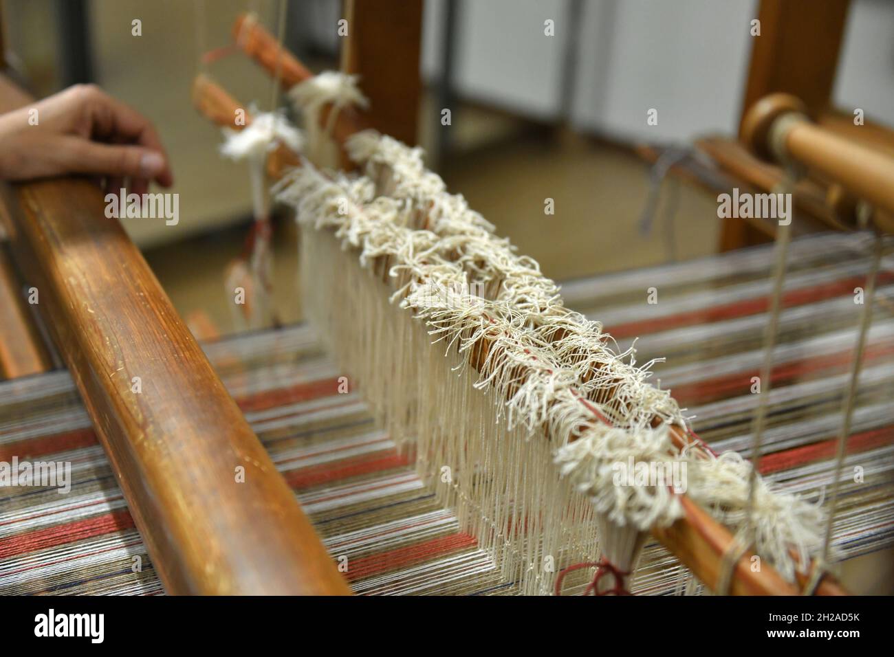 Webstuhl des Webereimuseums Haslach, Mühlviertel, Österreich, Europa - Webstuhl des Haslach Weberei-Museums, Mühlviertel, Österreich, Europa Stockfoto