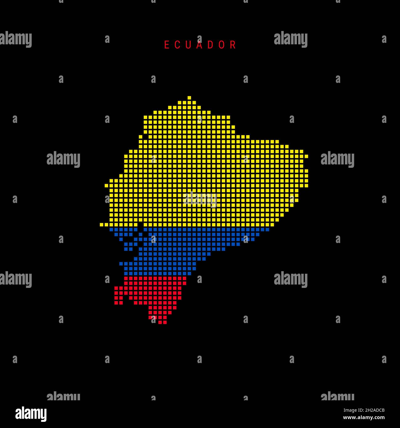 Karte mit quadratischen Punkten von Ecuador. Gepunktete Pixelkarte mit Nationalflaggenfarben auf schwarzem Hintergrund isoliert. Vektorgrafik. Stock Vektor
