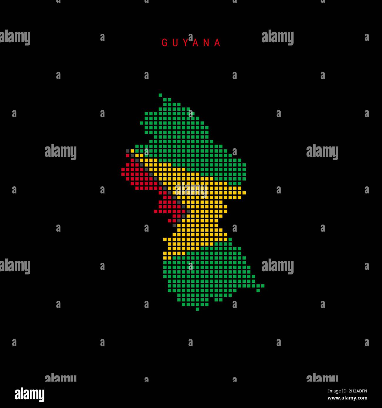 Quadratische Punkte Musterkarte von Guyana. Gepunktete Pixelkarte mit Nationalflaggenfarben auf schwarzem Hintergrund isoliert. Vektorgrafik. Stock Vektor