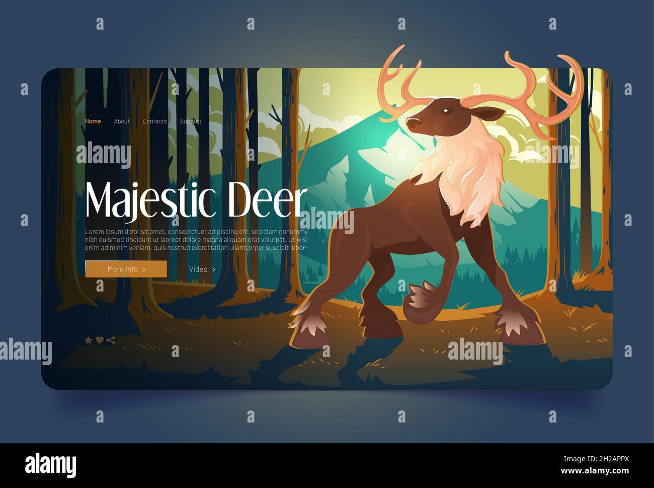 Majestätisches Hirschbanner mit großem Hirsch im Wald. Vektor-Landing-Page der Natur mit Cartoon-Illustration von Huftier mit Geweih im Wald mit Kiefernstämmen und Bergen am Horizont Stock Vektor