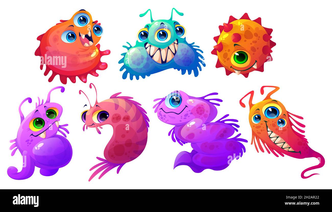 Cartoon-Keime, Viren, Mikroben und Bakterien Vektorfiguren. Niedliche Keime mit lustigen Gesichtern, bunte Zellen mit Zähnen und Zungen. Lächelnde pathogene Monster mit großen Augen und Auswuchsen isoliert gesetzt Stock Vektor