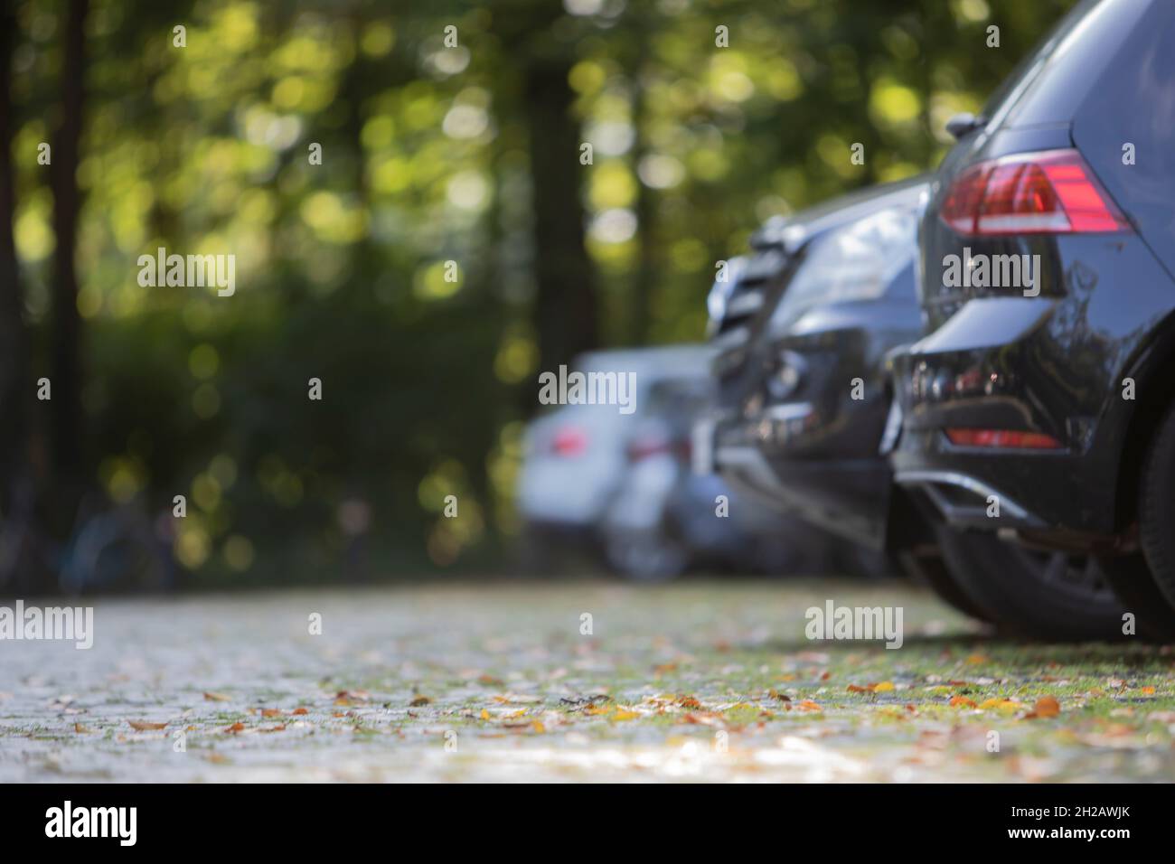 Parken Autos auf einem Parkplatz mit Pflastersteinen, umgeben von Bäumen Stockfoto