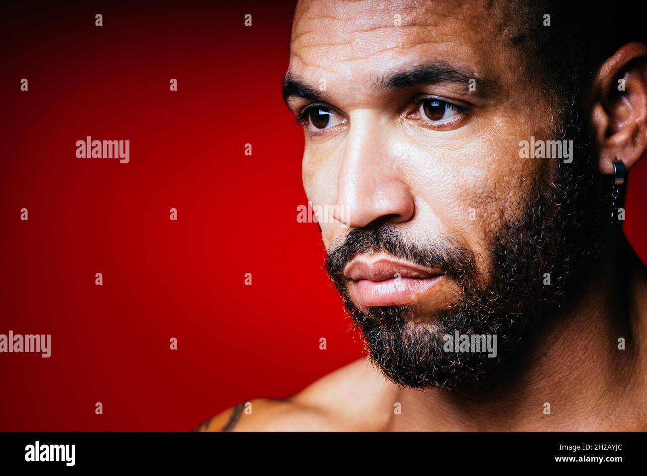 Gesicht mit einem Bart und einem Ohrring im Ohr eines kubanischen Mannes aus der Nähe. Studioportrait eines brutalen Mannes. Stockfoto