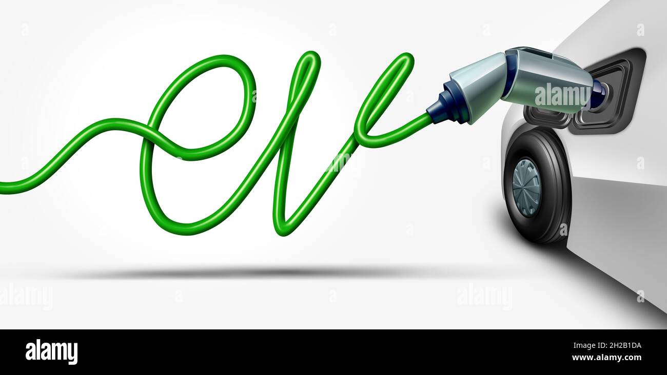 EV-Technologiekonzept oder Elektrofahrzeug-Batterietechnik oder Ladestationskonzept als Symbol mit einem als Text geformten Stromdraht. Stockfoto