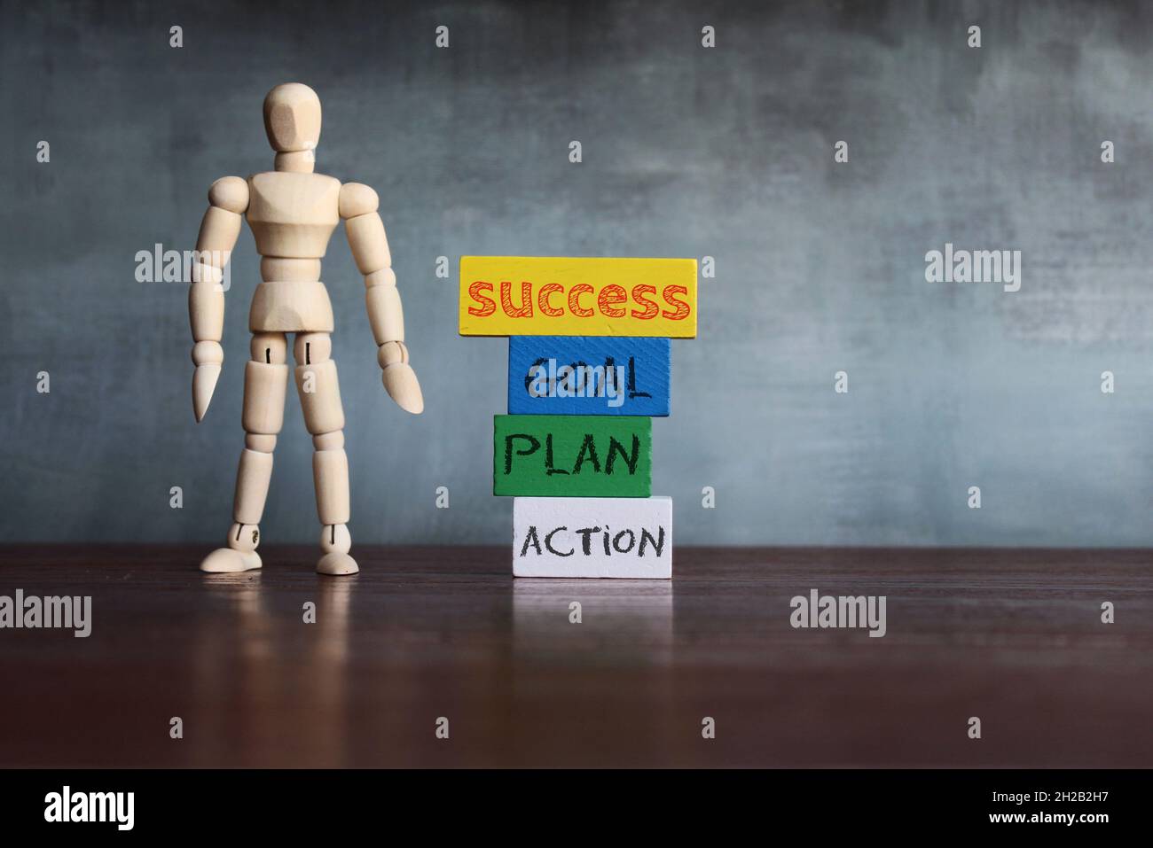 Erfolg- und Planungskonzept. Hölzerne menschliche Figur und Holzblöcke mit Text ERFOLG, ZIEL, PLAN und AKTION. Stockfoto