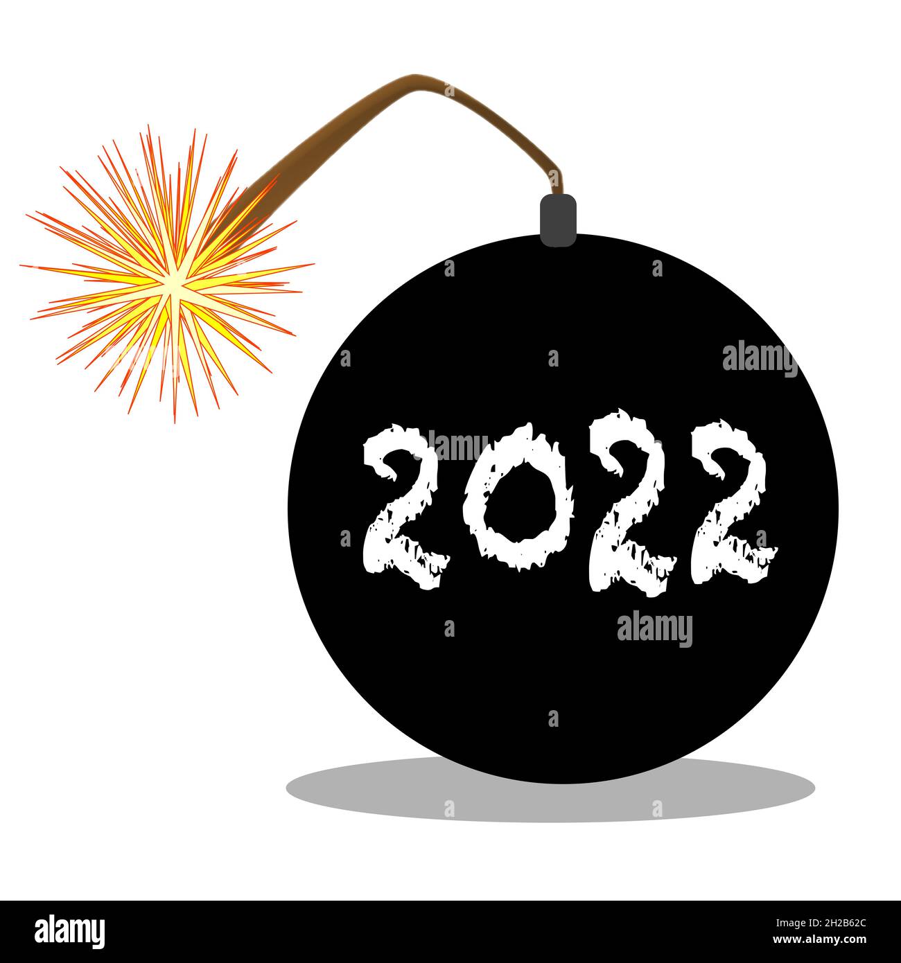 Eine traditionelle Bombe im Cartoon-Stil mit brennter Sicherung mit dem Datum von 2022 Isolaterd über Weiß Stockfoto