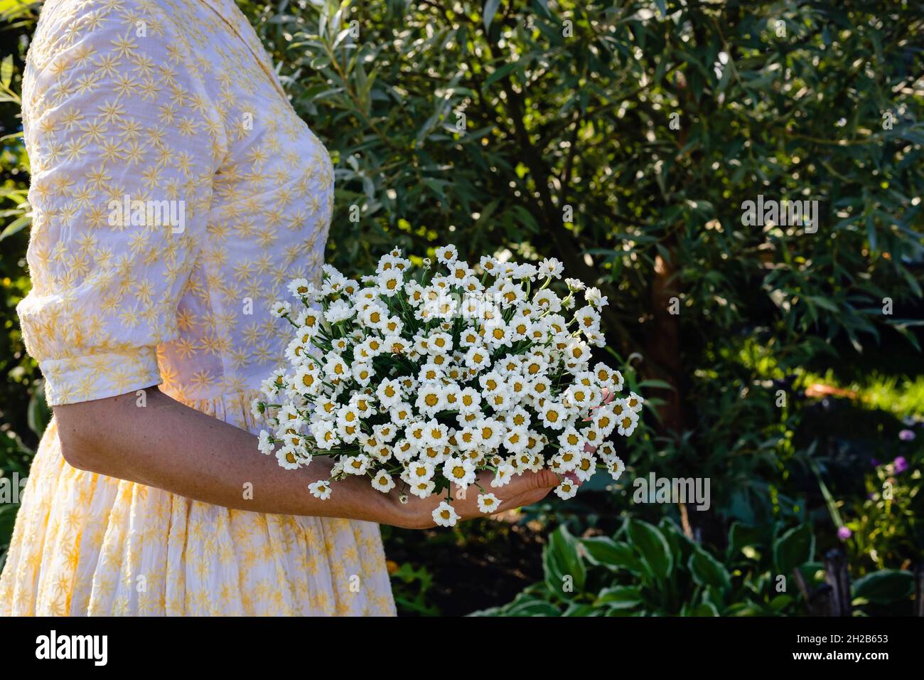 Eine junge Frau in einem hellen Kleid hält einen Blumenstrauß. Schönheit in der Natur. Seitenansicht. Speicherplatz kopieren Stockfoto