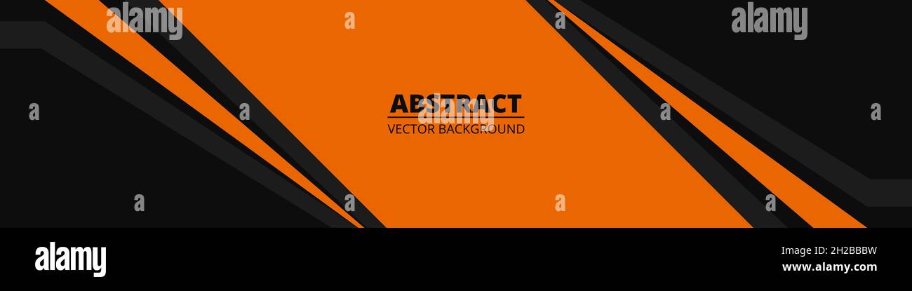 Schwarzes, abstraktes, breites horizontales Banner mit orangen und grauen Linien und Formen. Stock Vektor