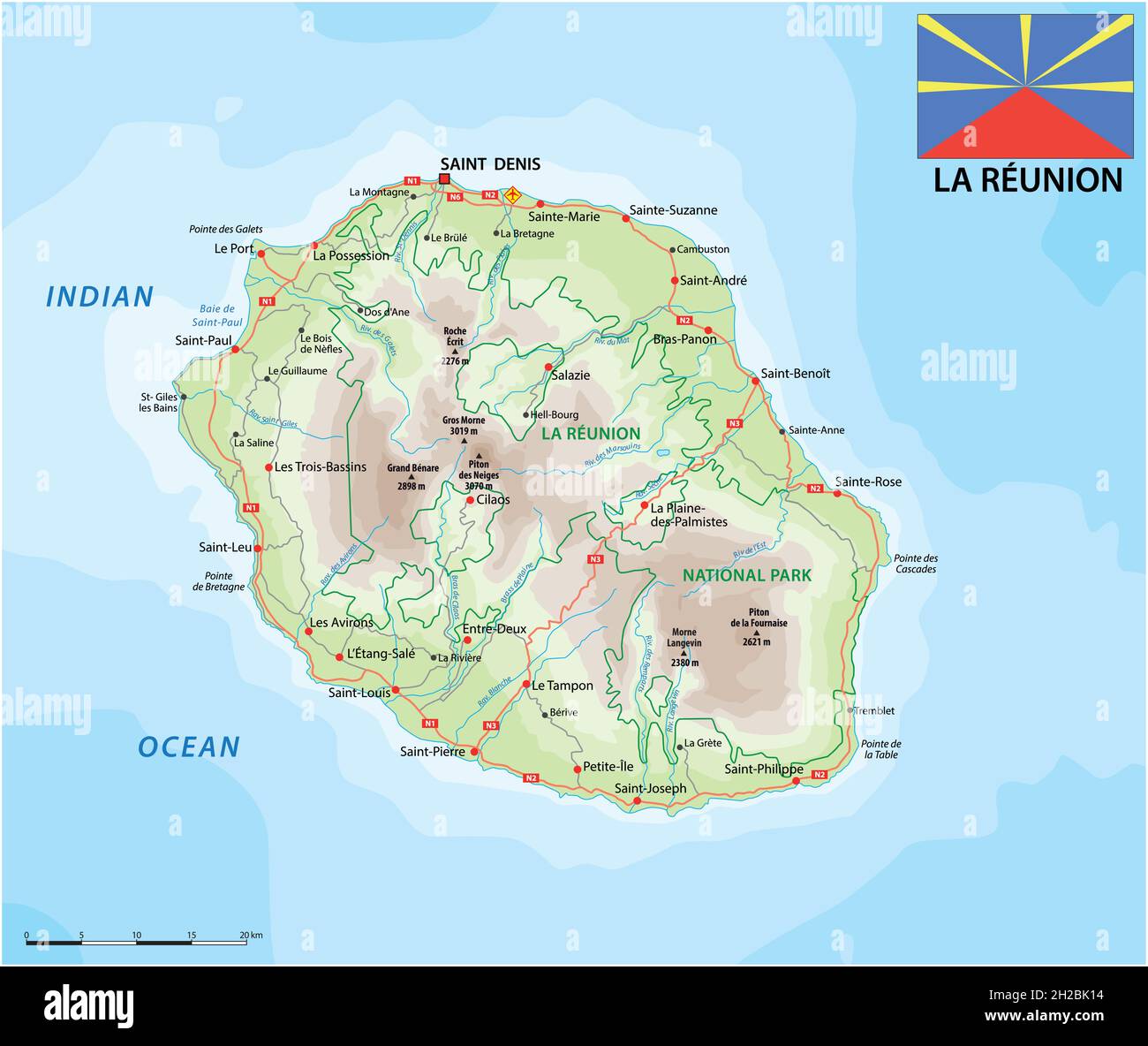 la Reunion Road und Nationalpark Vektorkarte mit Flagge Stock Vektor