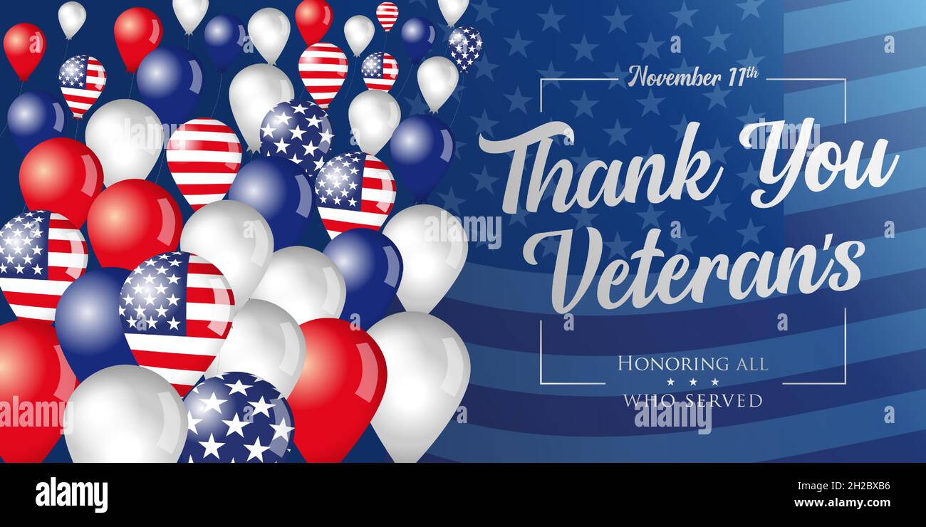 Danke Veteranen Phrase und fliegende Ballons auf amerikanischen Flagge Hintergrund. Veterans Day USA Banner, zu Ehren aller, die gedient haben. Vektorgrafik Stock Vektor