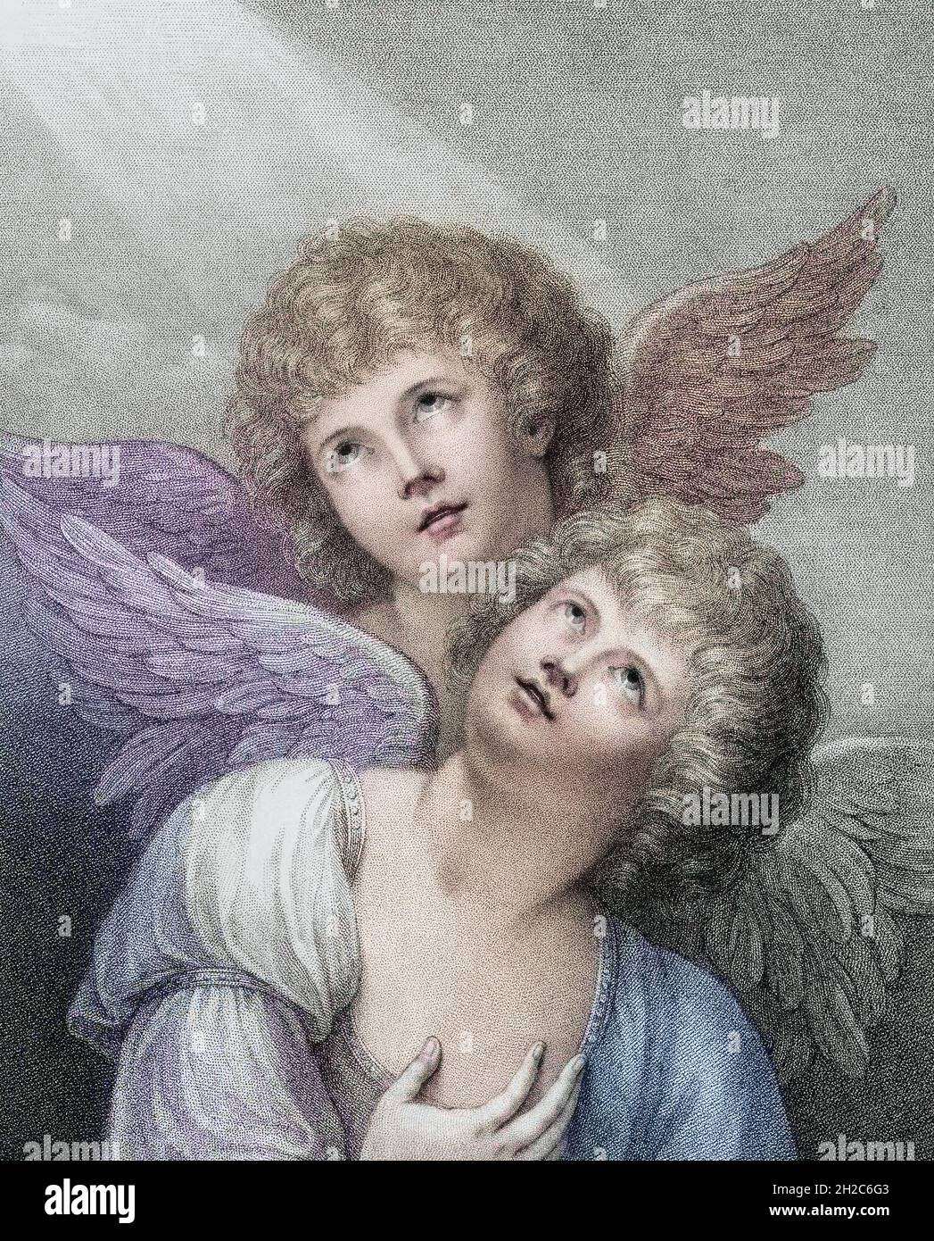 Zwei Cherubim. Zwei Engel. Nach einem Stich von Francesco Bartolozzi aus dem späten 18. Jahrhundert nach einem Werk von Matthew William Peters. Spätere Farbgebung. Stockfoto