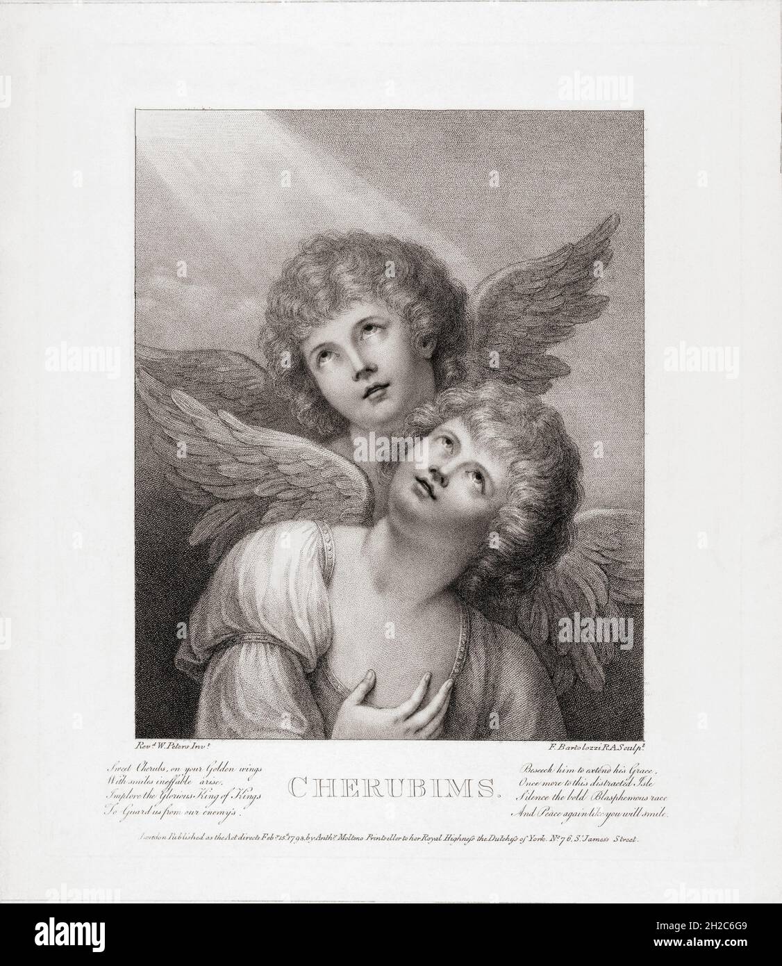 Zwei Cherubim. Zwei Engel. Nach einem Stich von Francesco Bartolozzi aus dem späten 18. Jahrhundert nach einem Werk von Matthew William Peters. Stockfoto