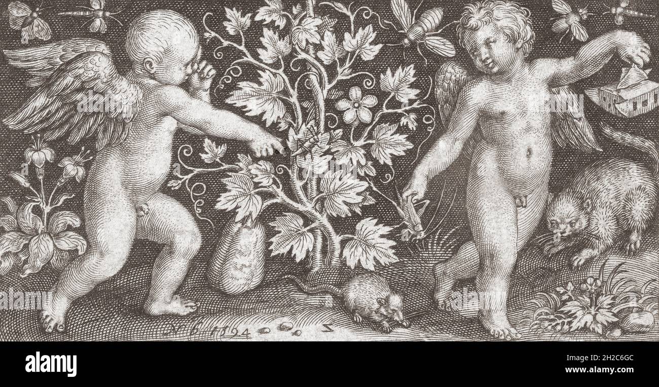 Zwei Engel. Nach einem Werk von Nicolaes de Bruyn aus dem 16. Jahrhundert. Stockfoto