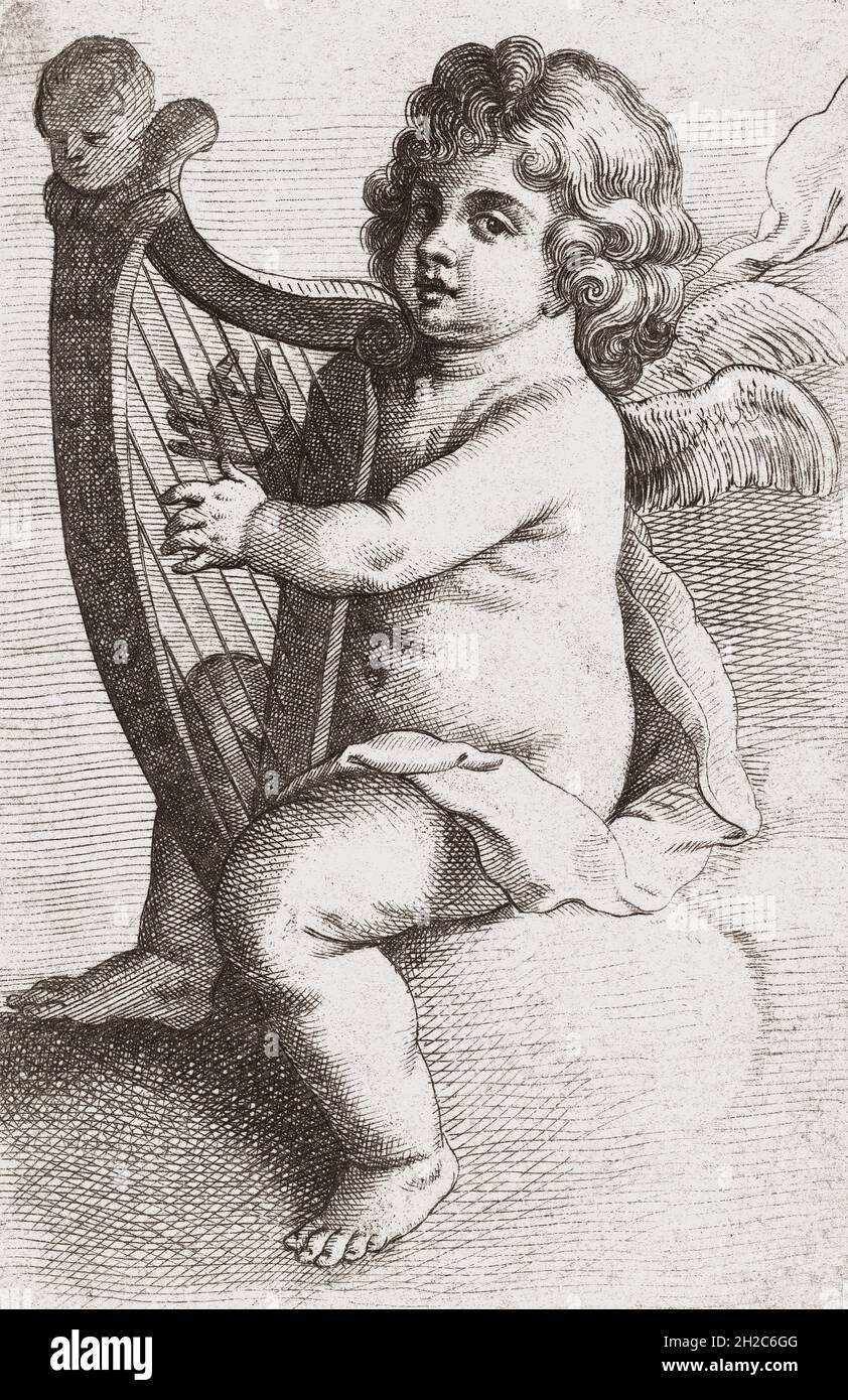 Ein Kinderengel, der eine Harfe spielt. Nach einem Werk von Pieter van Avont aus dem 17. Jahrhundert. Stockfoto