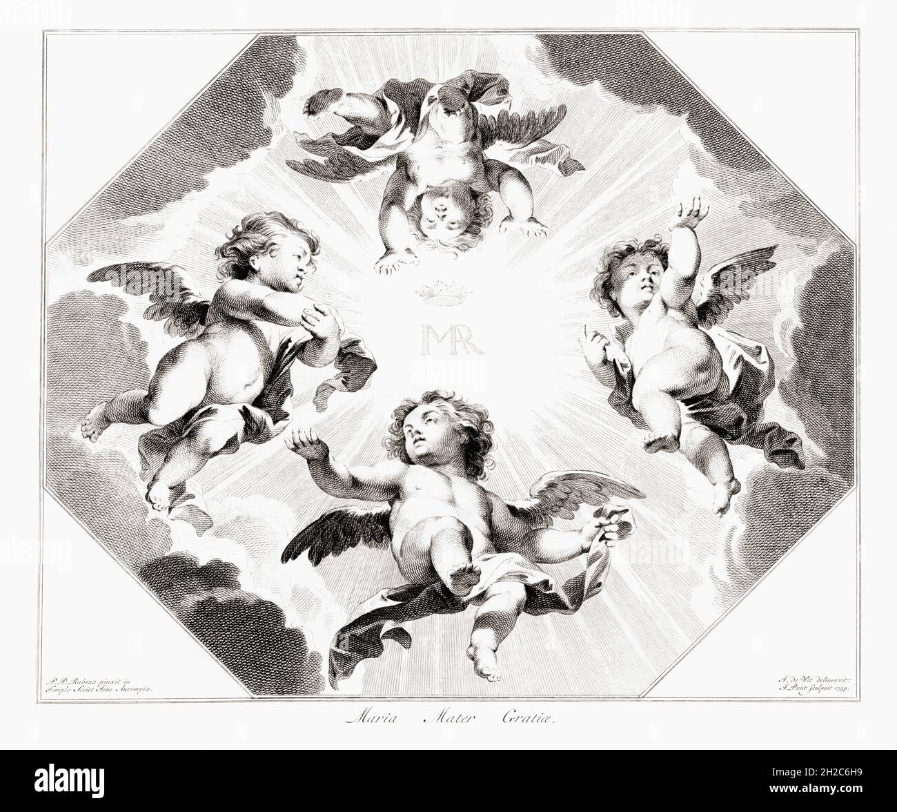 Vier kindliche Engel feiern die Jungfrau Maria. Der lateinische Ausdruck übersetzt Maria, Mutter der Gnade, das ist ein römisch-katholisches Gebet an die Mutter Jesu. Nach einem Stich von Jan Punt aus dem 18. Jahrhundert nach einem Werk von Peter Paul Rubens. Stockfoto