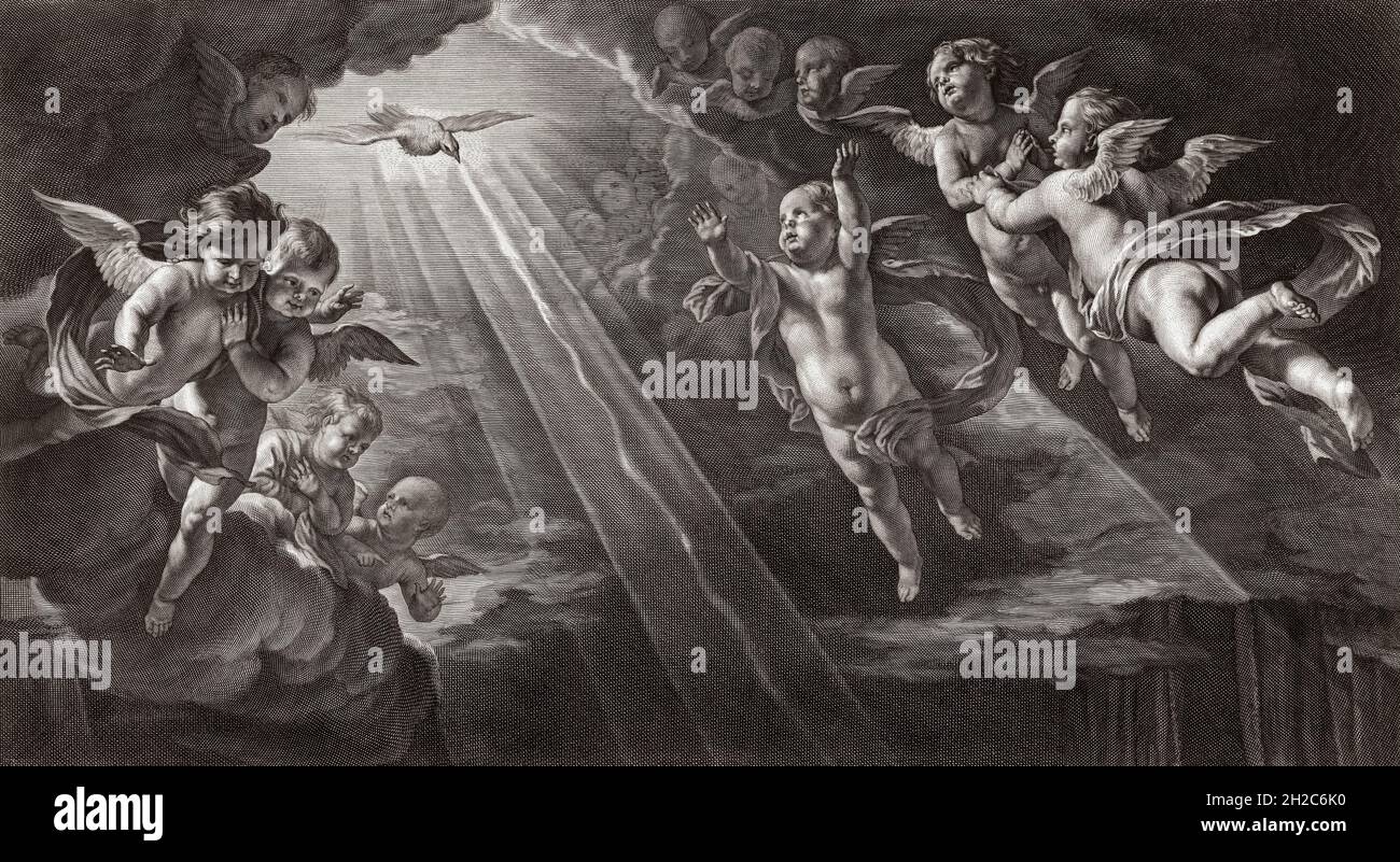 Ein Chor von Engeln im Himmel mit dem Heiligen Geist, symbolisiert durch eine Taube, die herabsteigt. Aus einem Stich von Nicolas Pitau aus dem 17. Jahrhundert nach einem Werk von Philippe de Champaigne. Stockfoto