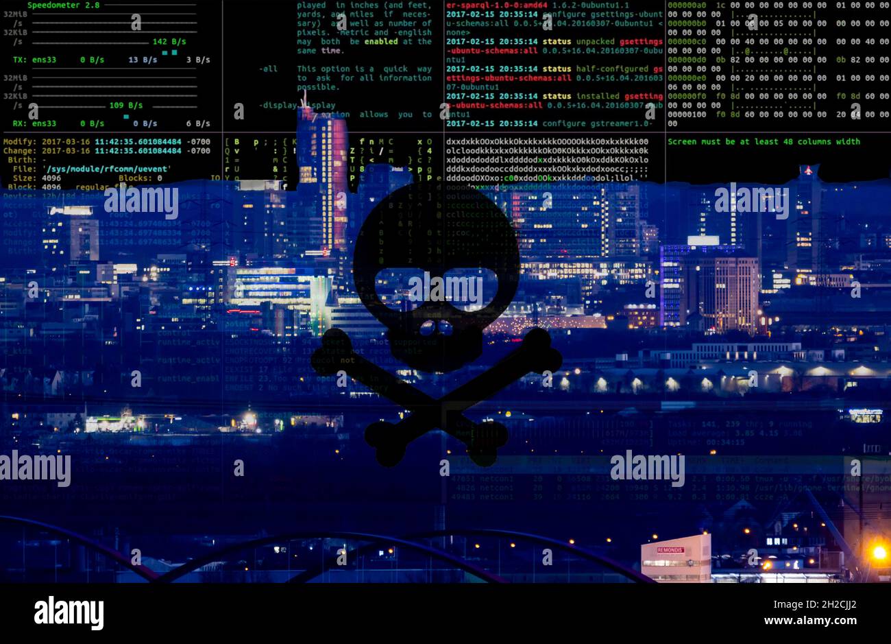 Symbolische Image-Cyber-Angriff, Computerkriminalität, Cyberkriminalität, Computer-Hacker greifen die IT-Infrastruktur einer Stadt, Essen, Deutschland Stockfoto