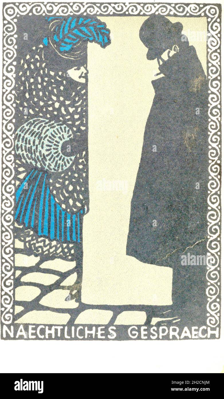 Moriz Jung Kunstwerk mit dem Titel nächtliches Gespraech - Wiener Werkstätte Vintage Illustration mit Kopierraum Stockfoto