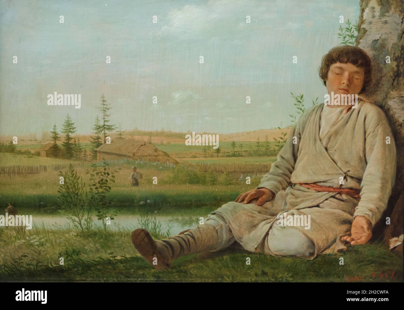 Gemälde „Sleeping Shepherd Boy“ des russischen romantischen Malers Alexey Venetsianov (1823-1826). Stockfoto