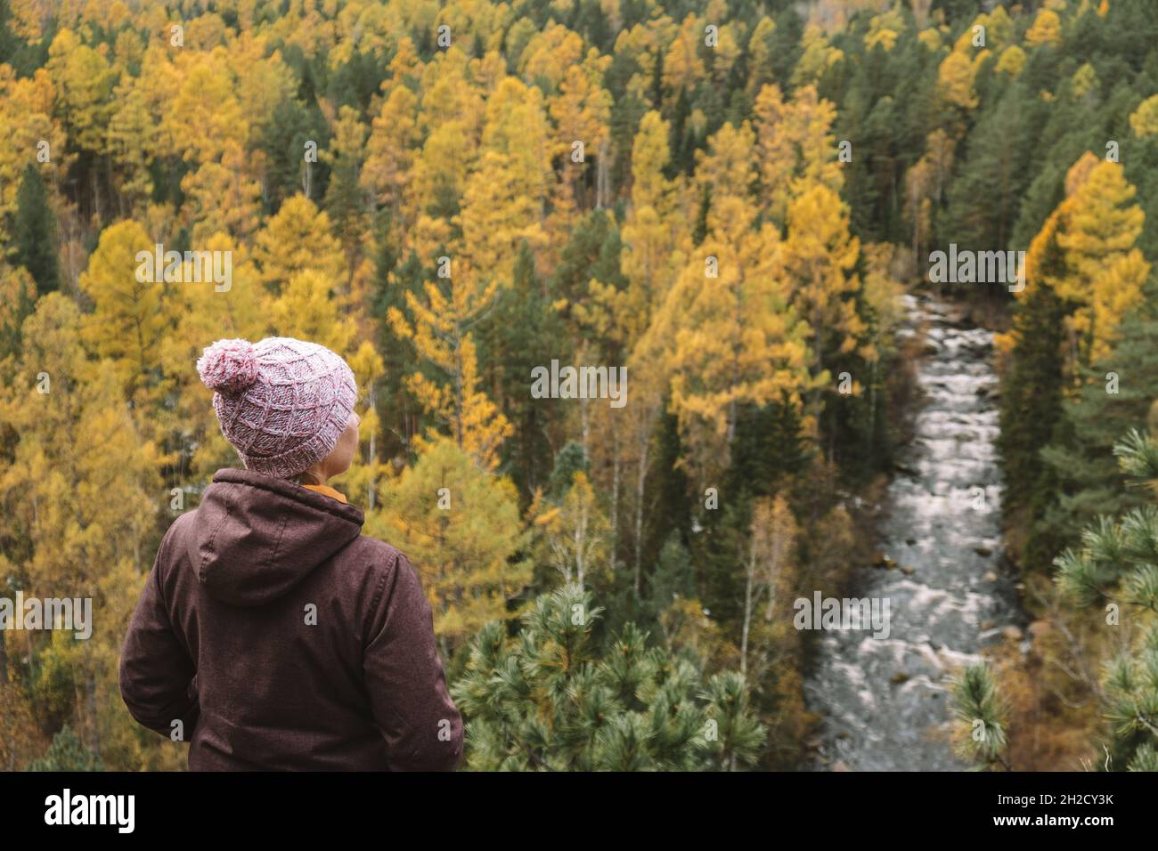 Weibliche Reisende steht auf dem Gipfel des Berges und bewundert die herrliche Landschaft des Herbstwaldes von oben. Nachhaltige Umwelt Stockfoto