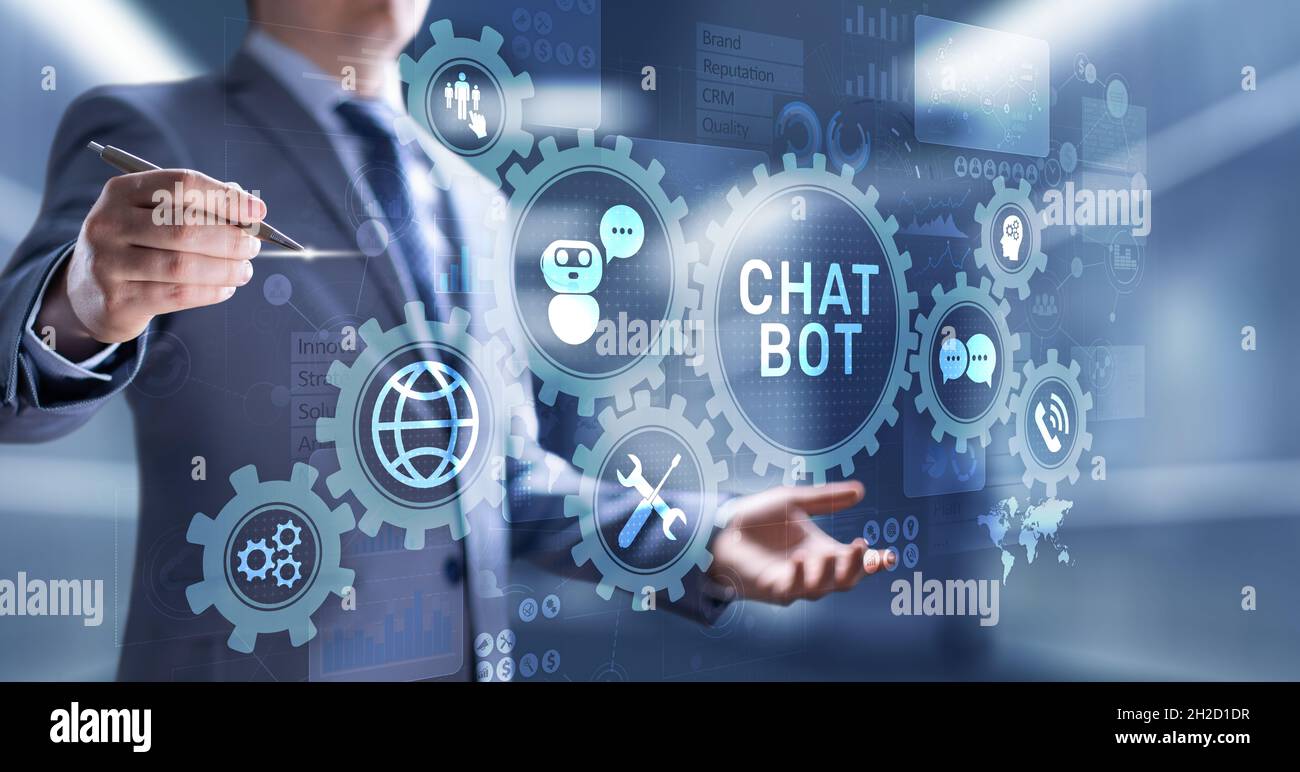 Chatbot Computerprogramm für die Unterhaltung mit menschlichen Nutzern über das Internet entwickelt. Technologiekonzept für Support und Customer Service Automation. Stockfoto