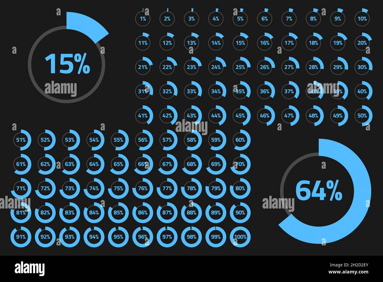 Anzeige für den Kreisfortschritt eingestellt. Blau, dunkelgrau, schwarz. Prozentsatz roter Texte von 0 bis 100 Prozent. Stock Vektor