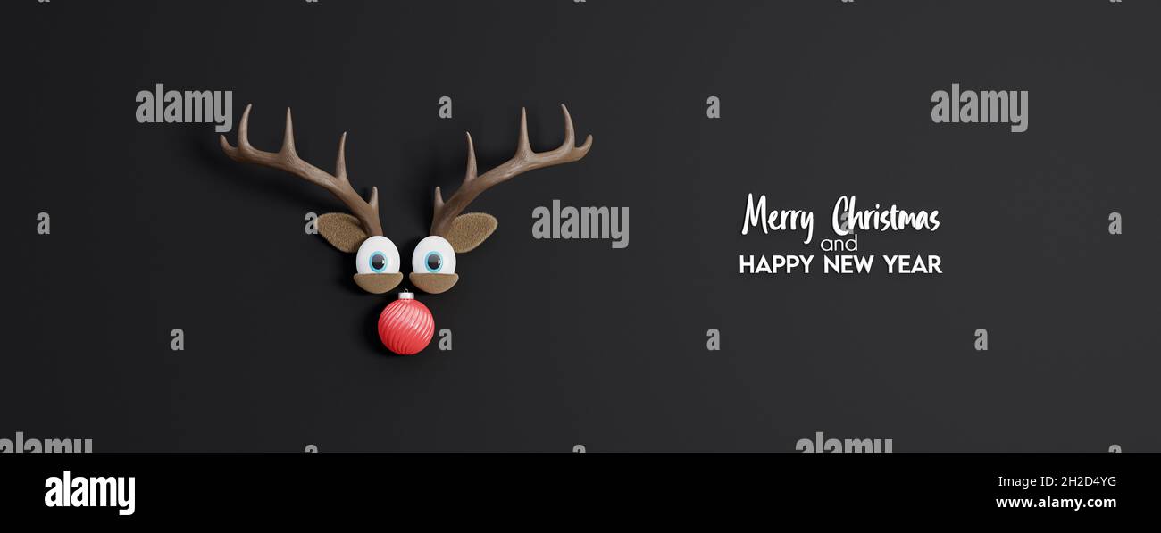 Rentier mit roter Weihnachtskugel statt Nase. Winter Holidays Hintergrund Konzept 3d Rendern 3d-Illustration Stockfoto