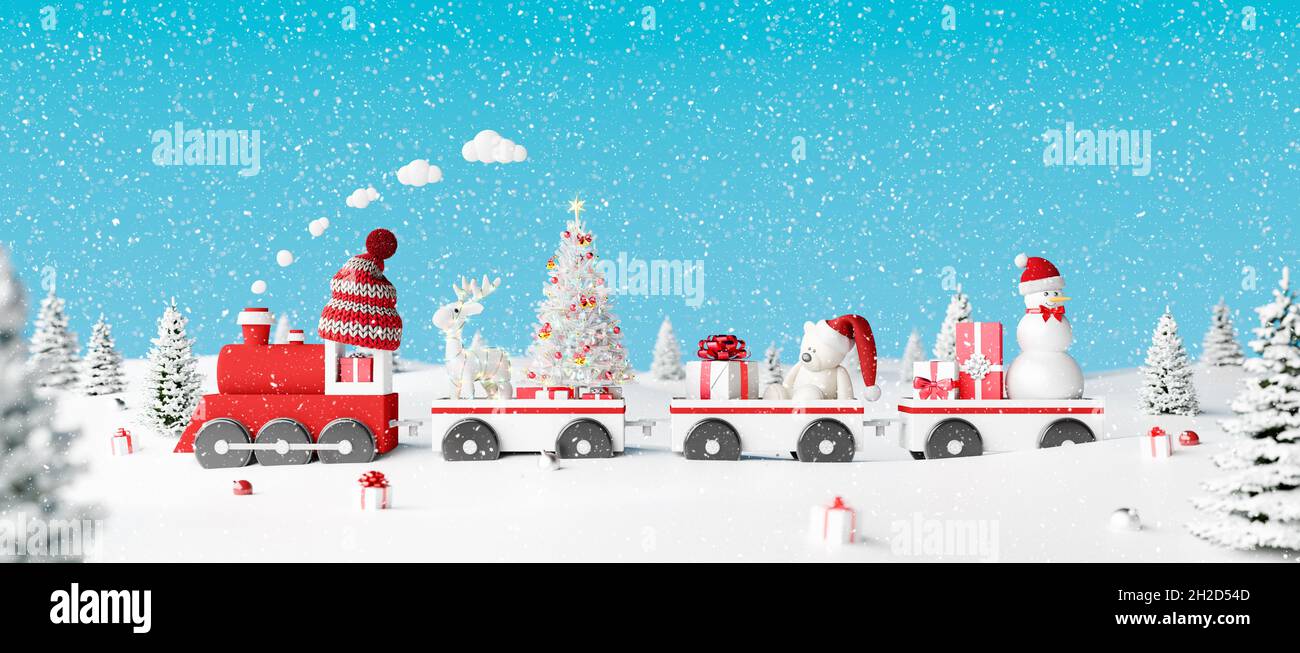Winterferien Hintergrund mit Geschenken, Rentiere, Schneemann und Tannenbaum. Rote Zug und weiße Wagen gefüllt mit Weihnachtsdekorationen 3D Rendering Stockfoto