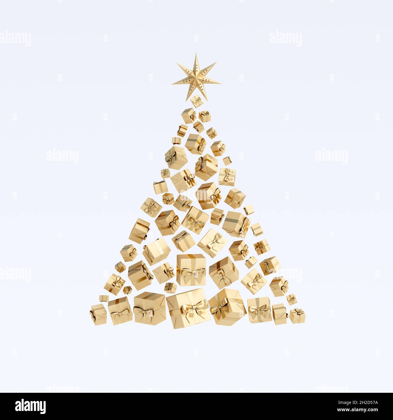 Weihnachtsbaum aus goldenen Geschenkschachteln. Grußkarte auf weißem Hintergrund 3d-Darstellung rendern Stockfoto