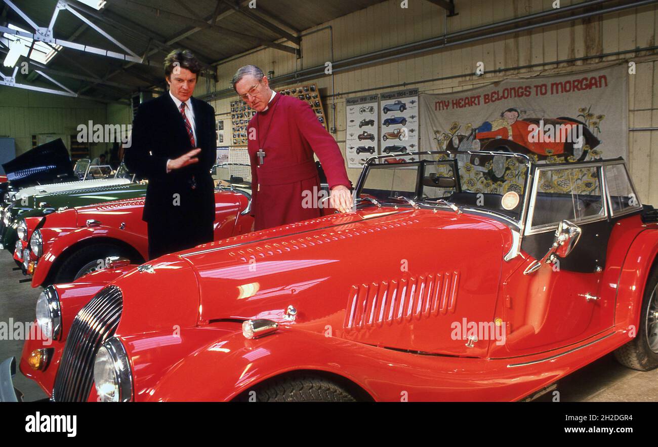 Charles Morgan im Morgan Motorcar-Werk Malvern Link UK 1985 Stockfoto