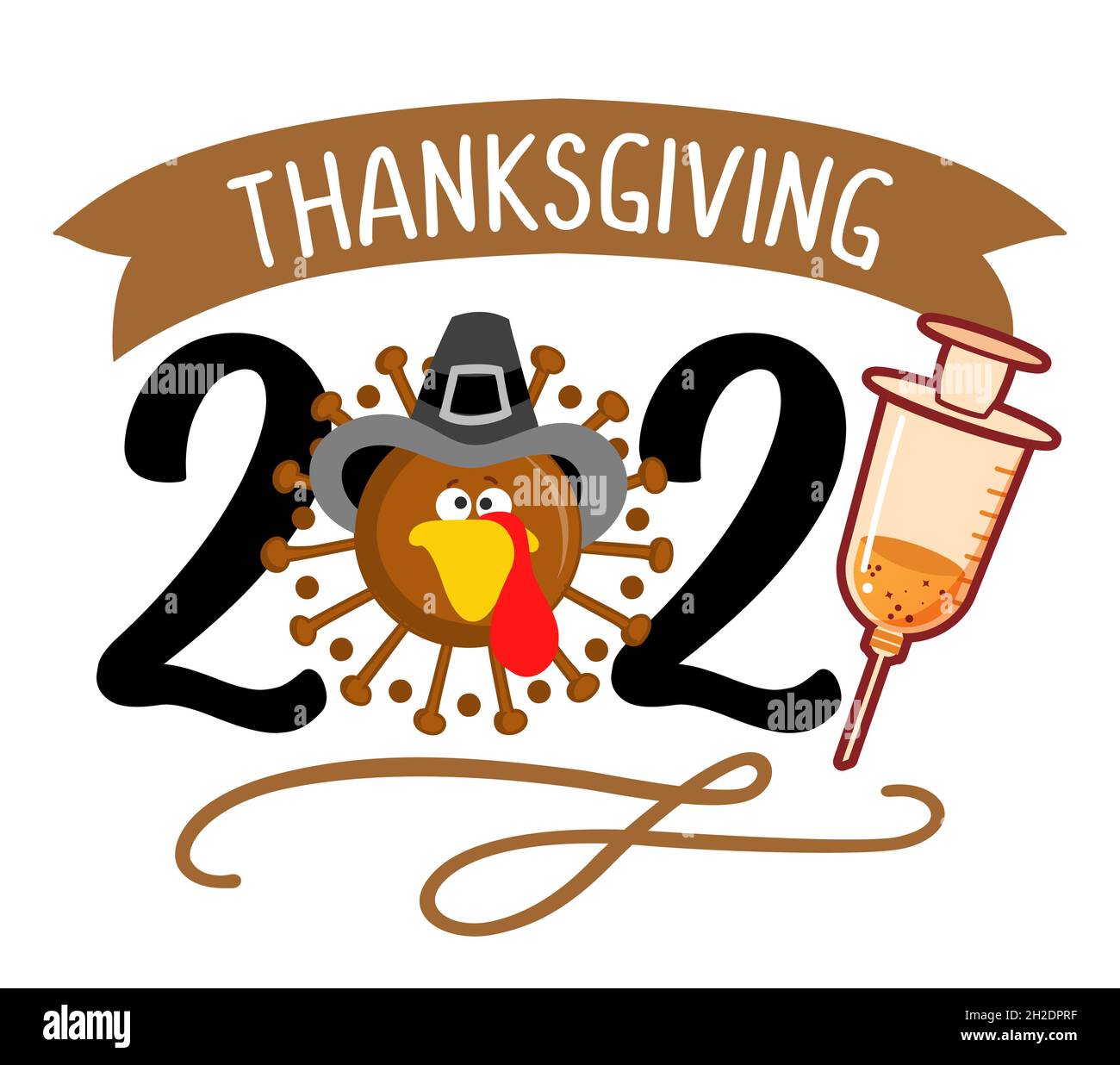 Happy Thanksgiving 2021 - Thanksgiving Day Poster mit niedlicher putenmaske. Poster in Herbstfarben. Awareness Lettering Phrase. Coronavirus (2019-NC Stock Vektor