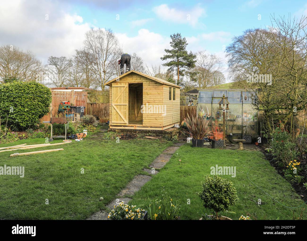Arbeiter von Solid Sheds Ltd errichten einen Holzschuppen in einem Hausgarten, Stoke on Trent, Staffordshire, England, Großbritannien. Foto Nummer 7 in einer Serie von 8 Stockfoto