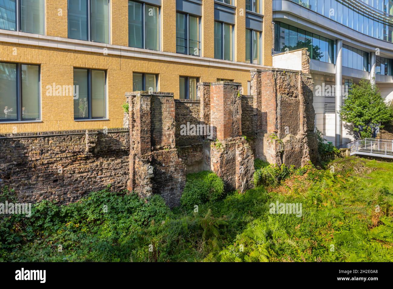 Noble Street Garden, der Reste der Londoner Mauer und mittelalterliche römische Festungsmauern enthält, jetzt eine städtische Wildblumenwiese Stockfoto