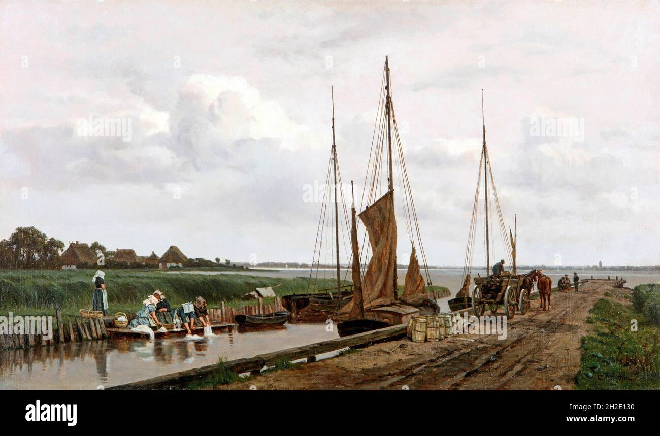 Hafen von Wustrow mit Waschfrauen des deutschen Künstlers Carl Malchin (1838-1923), Öl auf Leinwand, 1890 Stockfoto