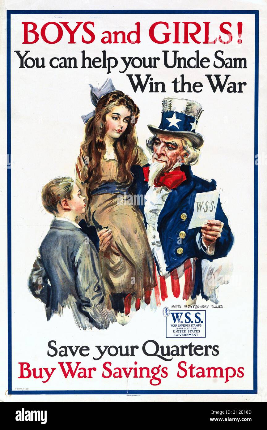 „Boys and Girls, You Can Help Your Ocle Sam Win the war“-Poster von James Montgomery Flagg, 1918 Stockfoto