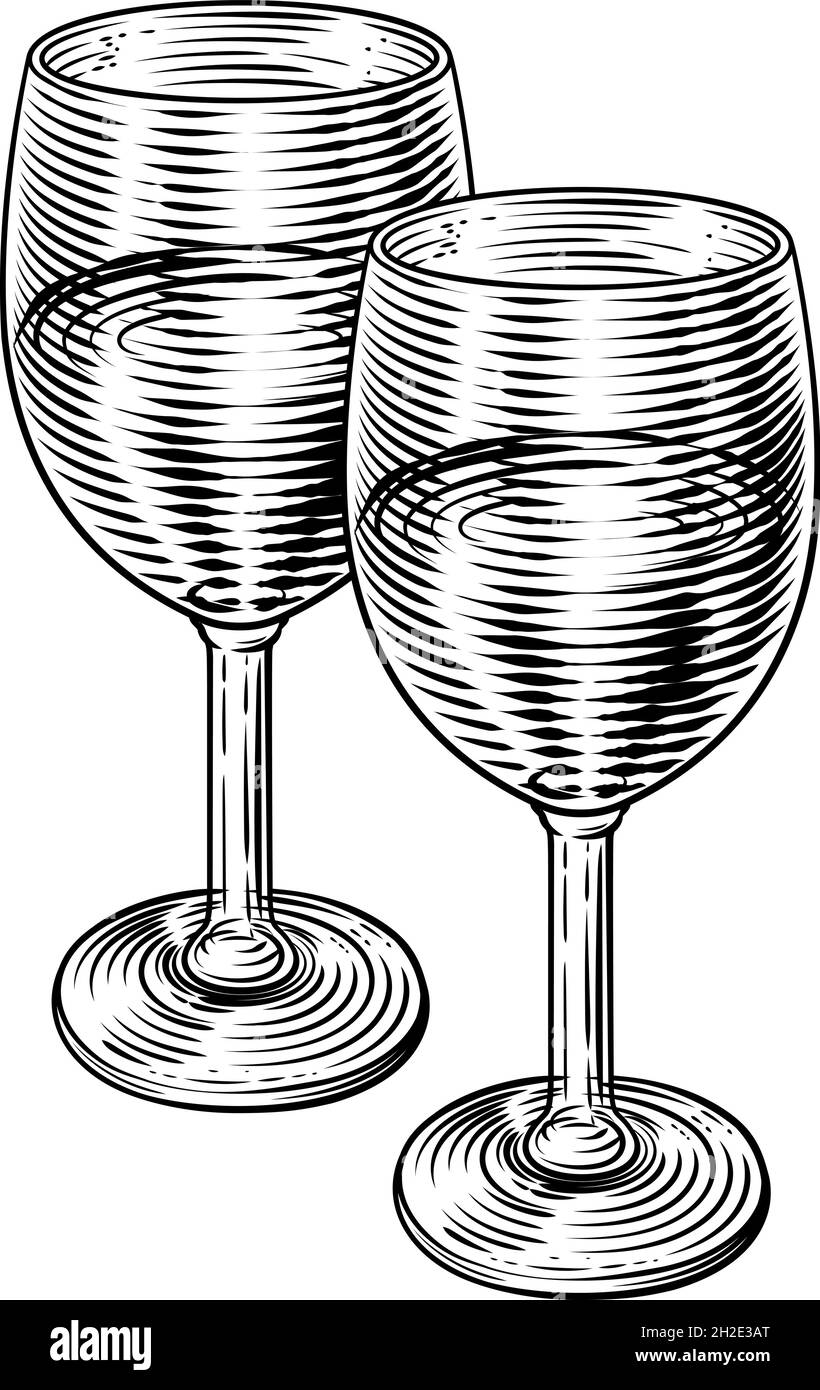 Weingläser Vintage Radierung Holzschnitt Stock Vektor