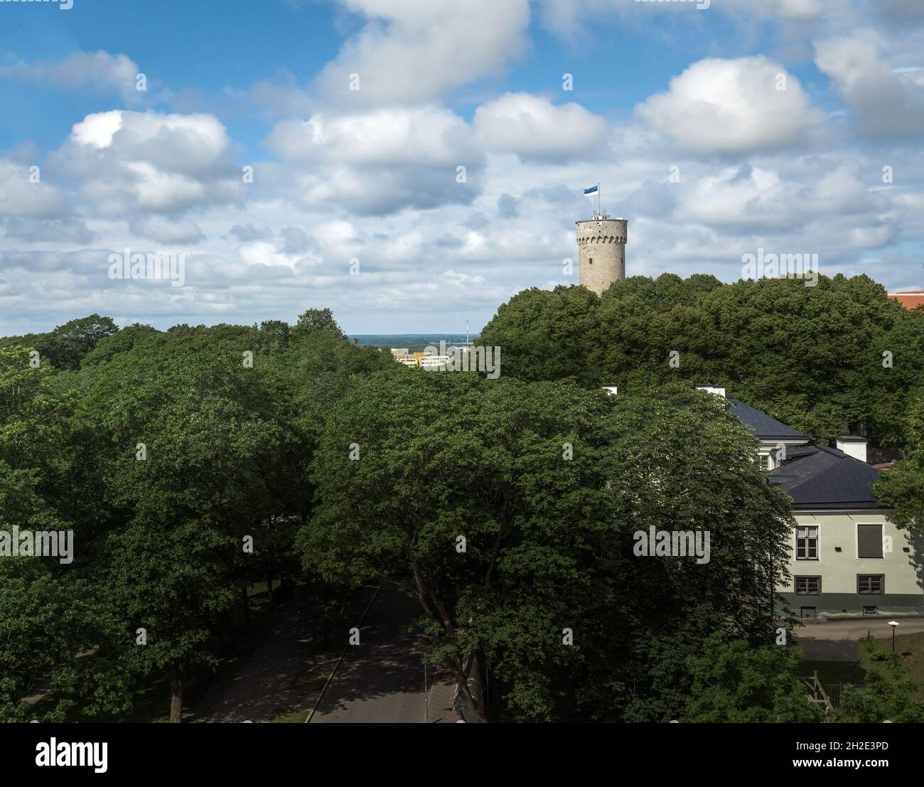 Luftaufnahme von Tallinn mit dem hohen Hermann-Turm (Pikk Hermann) - Tallinn, Estland Stockfoto