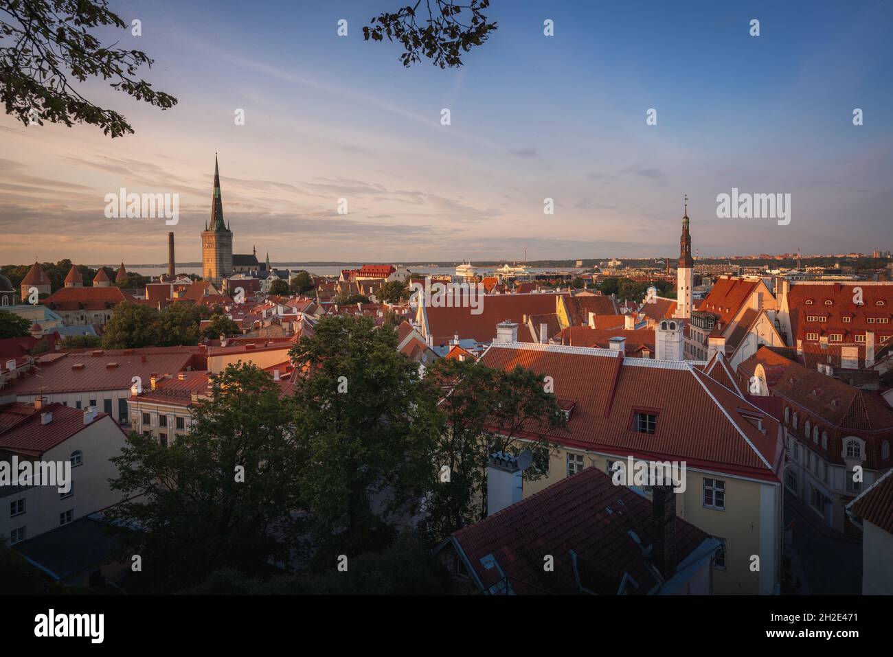 Luftaufnahme von Tallinn bei Sonnenuntergang mit St. Olafs Church Tower und Holy Spirit Church - Tallinn, Estland Stockfoto