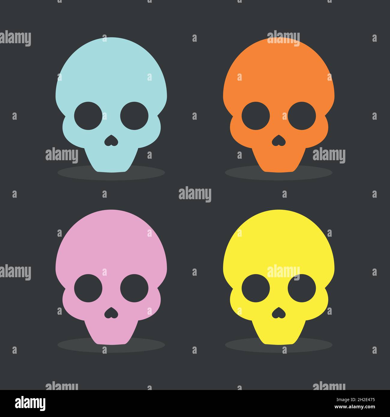 Set: Flache bunte Totenkopf-Icons. Dunkler Hintergrund. Vektorgrafik, flaches Design Stock Vektor